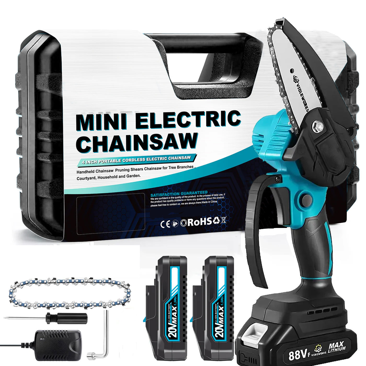 Mini Chainsaw 4 inch + 2*Batteries + Toolbox + Chain